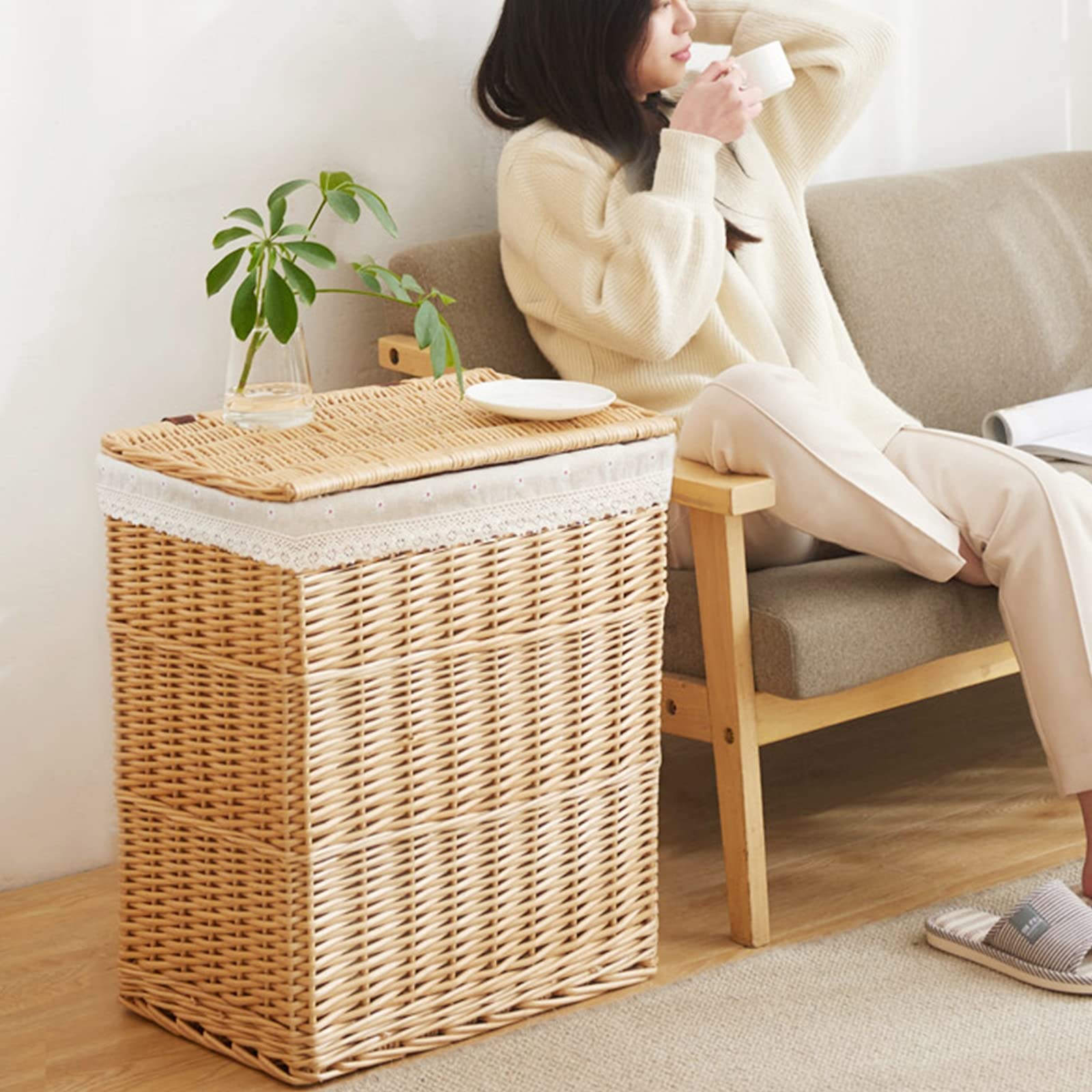 Large White Wicker Laundry Basket with Lid - Portable Decorative Hamper for Clothes, Blankets & Toys Storage - Perfect for Bedroom, Bathroom & Laundry Room Organization