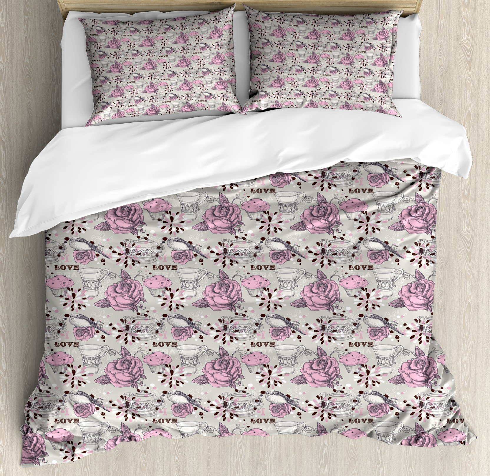 Ambesonne Tea Party Duvet Cover Set - King Size 3-Piece Bedding with Floral Teacup & Rose Design, 2 Pillow Shams, Pale Pink - Romantic Valentine's Day Decor for Master Bedroom or Guest Room