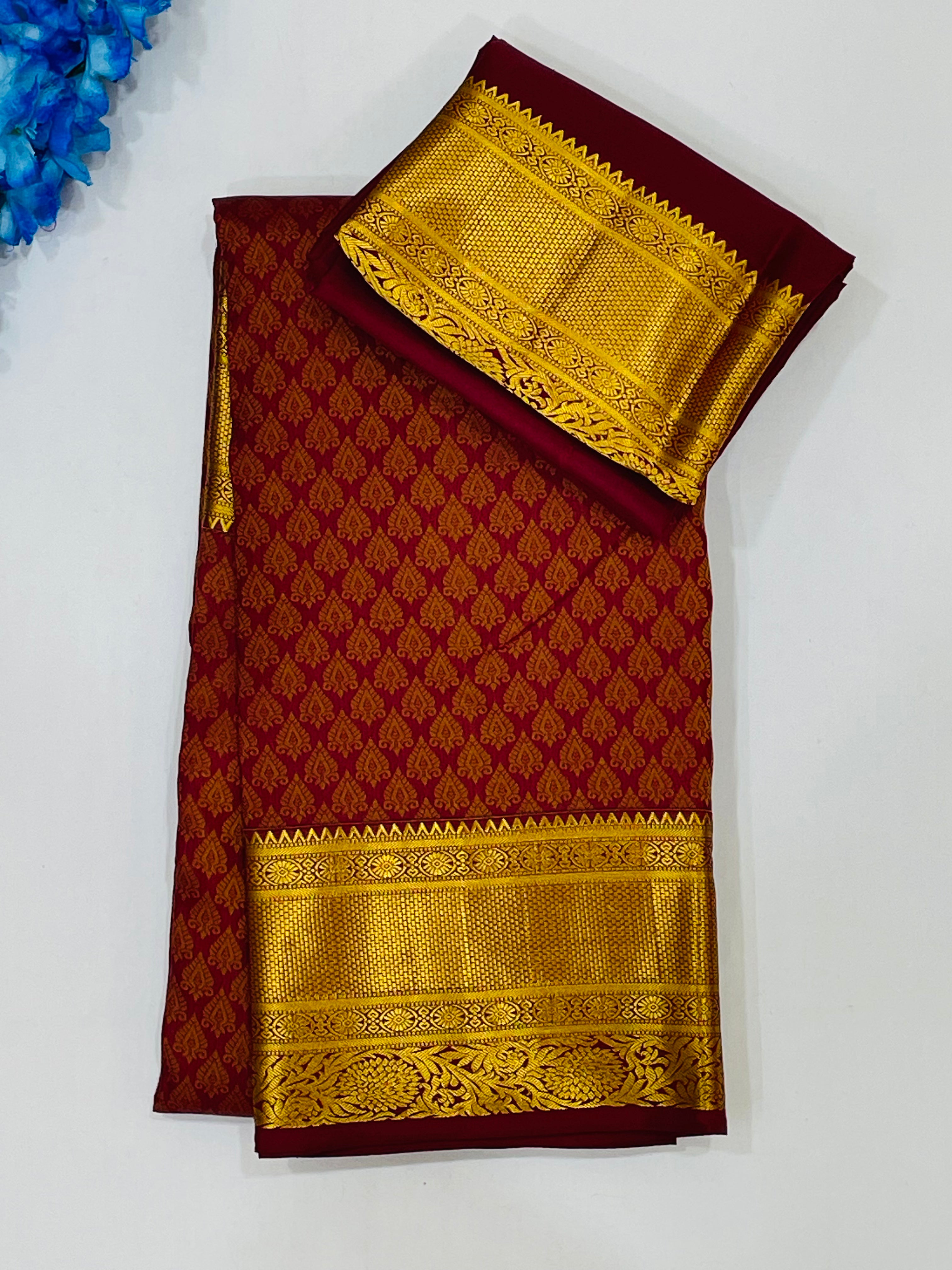Elegant Maroon Floral Pure Kanchipuram Silk Saree with Gold Zari Work for Women | Traditional Indian Bridal & Wedding Attire | Perfect for Festivals & Special Occasions