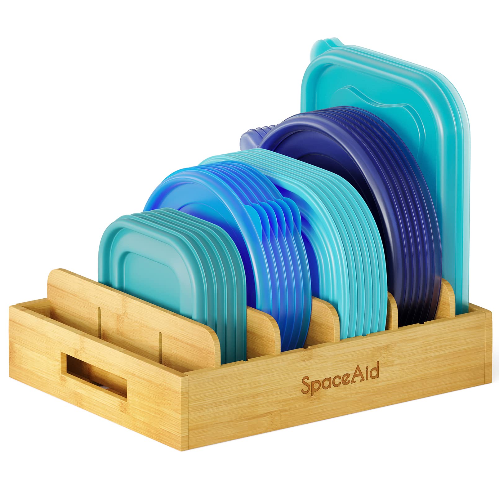 SpaceAid Bamboo Lid Organizer - 5 Adjustable Dividers Kitchen Cabinet Organizer for Food Storage Containers | Pantry & Cabinet Organization Solution for Pots, Pans & Plastic Container Lids