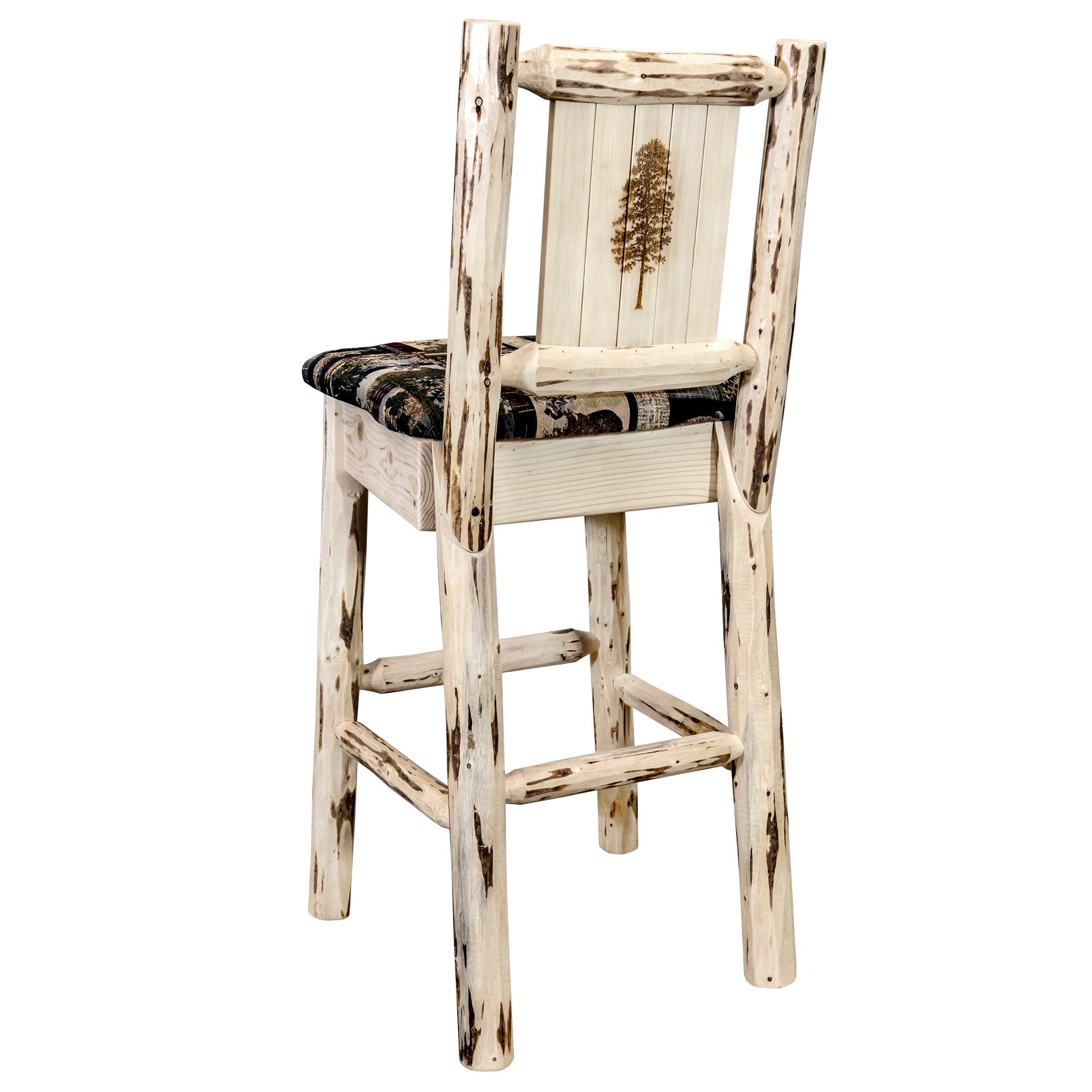 Montana Barstool with Back - Rustic Woodland Upholstery & Laser Engraved Design - Unfinished DIY Project - Perfect for Home Bar, Kitchen Island, and Cabin Decor