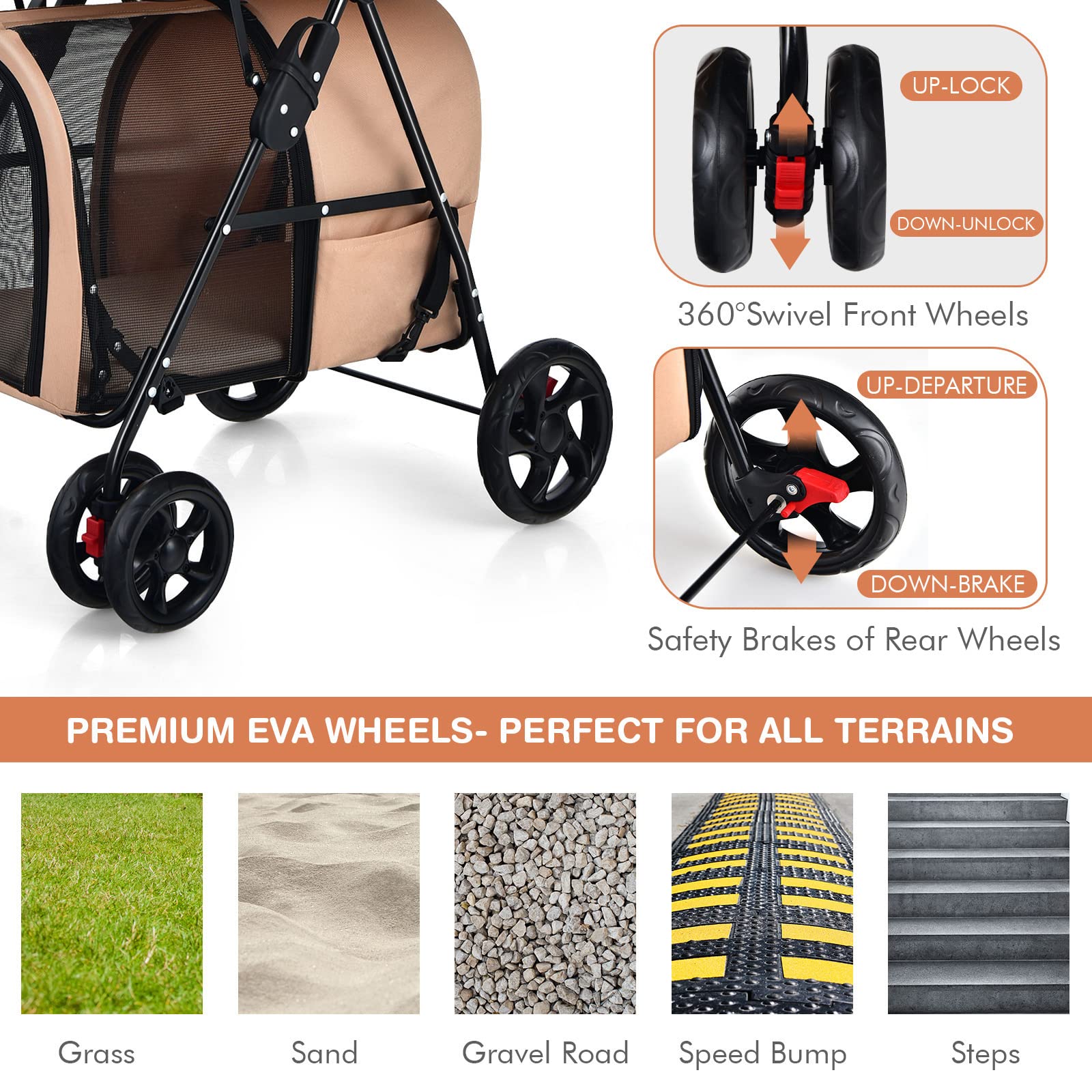 Giantex Double Pet Stroller for Dogs & Cats - 2 Detachable Carrier Bags, Safety Belts, 4 Lockable Wheels - Foldable Travel Carrier for Small/Medium Pets - Perfect for Park Walks, Vet Visits & Shopping Trips (Beige)
