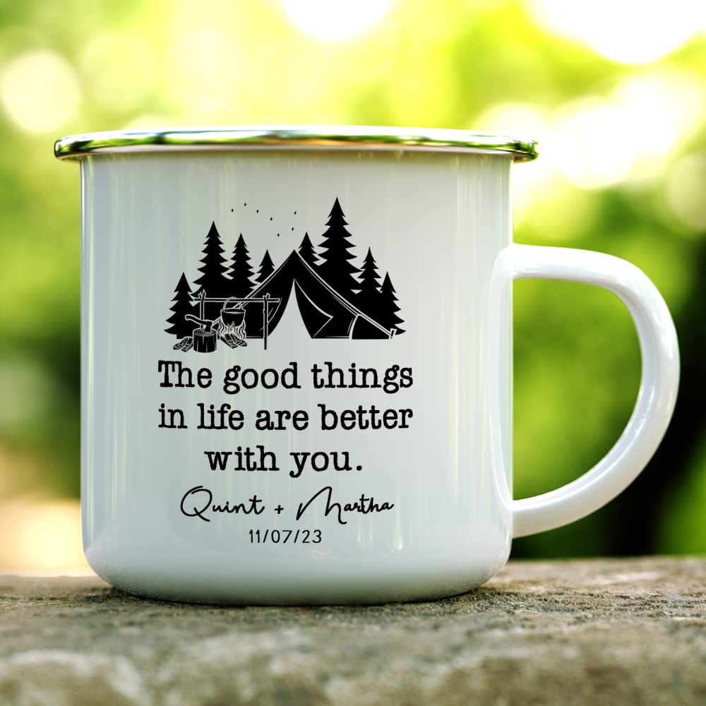 Personalized Wedding Engagement Campfire Mug - Custom Enamel Camp Cup for Couples, Valentines Day & Anniversary Gift for Fiance, Girlfriend, Boyfriend, Husband or Wife - Perfect for Romantic Camping Trips, Bridal Showers & Outdoor Adventures