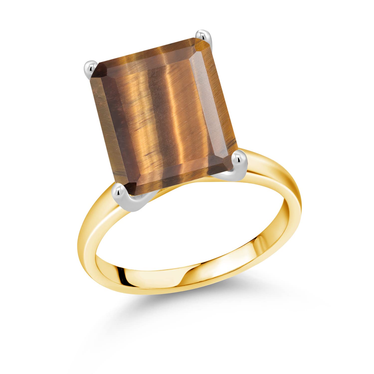 6.50 Ct Natural Brown Tiger Eye Emerald Cut Ring in 10K Yellow Gold with White Gold Prongs - Elegant Jewelry for Women, Perfect for Weddings, Anniversaries & Special Occasions