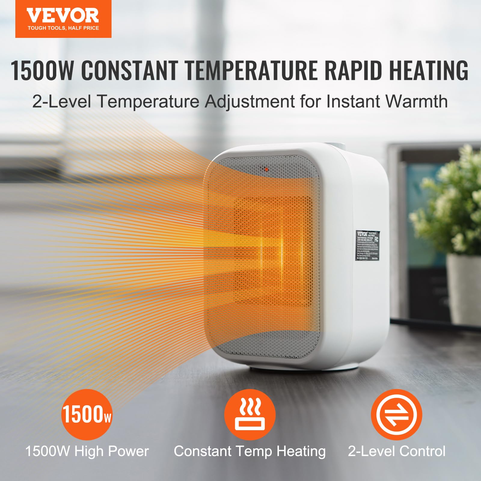 VEVOR 1000W/1500W Portable Electric Space Heater with Adjustable Thermostat - Quiet Ceramic Heater Fan with Tip-Over Protection & Flame Retardant PP - Perfect for Office, Desk & Indoor Use - Stay Warm While Working or Relaxing at Home