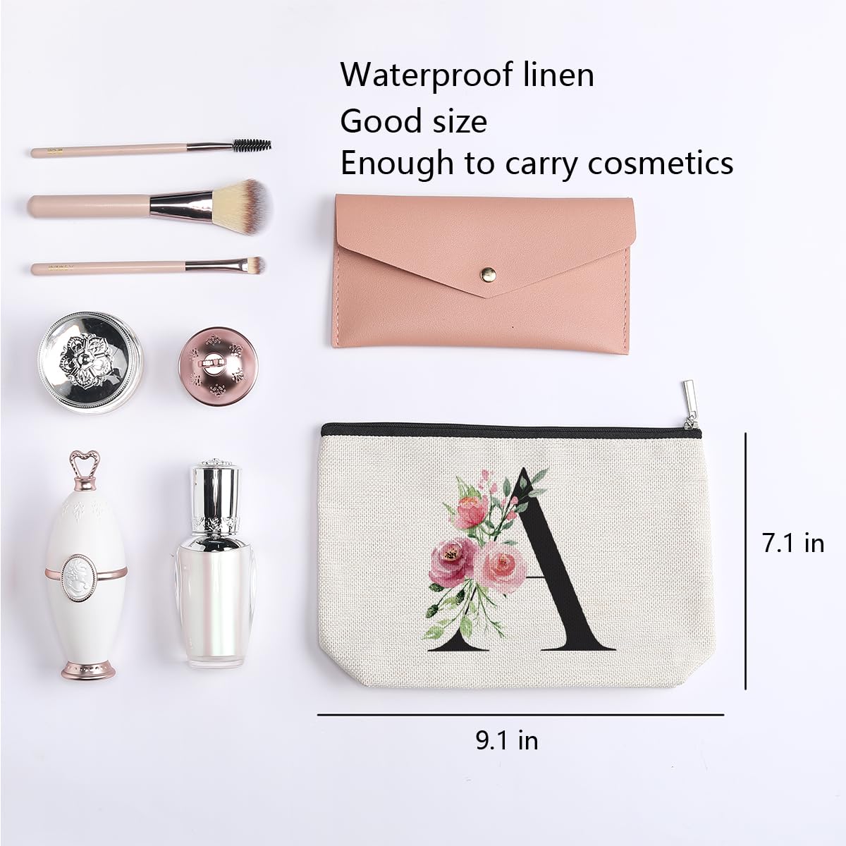 Personalized Initial Makeup Bag for Women - Monogrammed Cosmetic Pouch (Letter A) - Perfect Bridesmaid Gifts, Birthday Gifts for Mom, Best Friend & Bride - Great for Travel, Wedding Essentials & Daily Beauty Storage