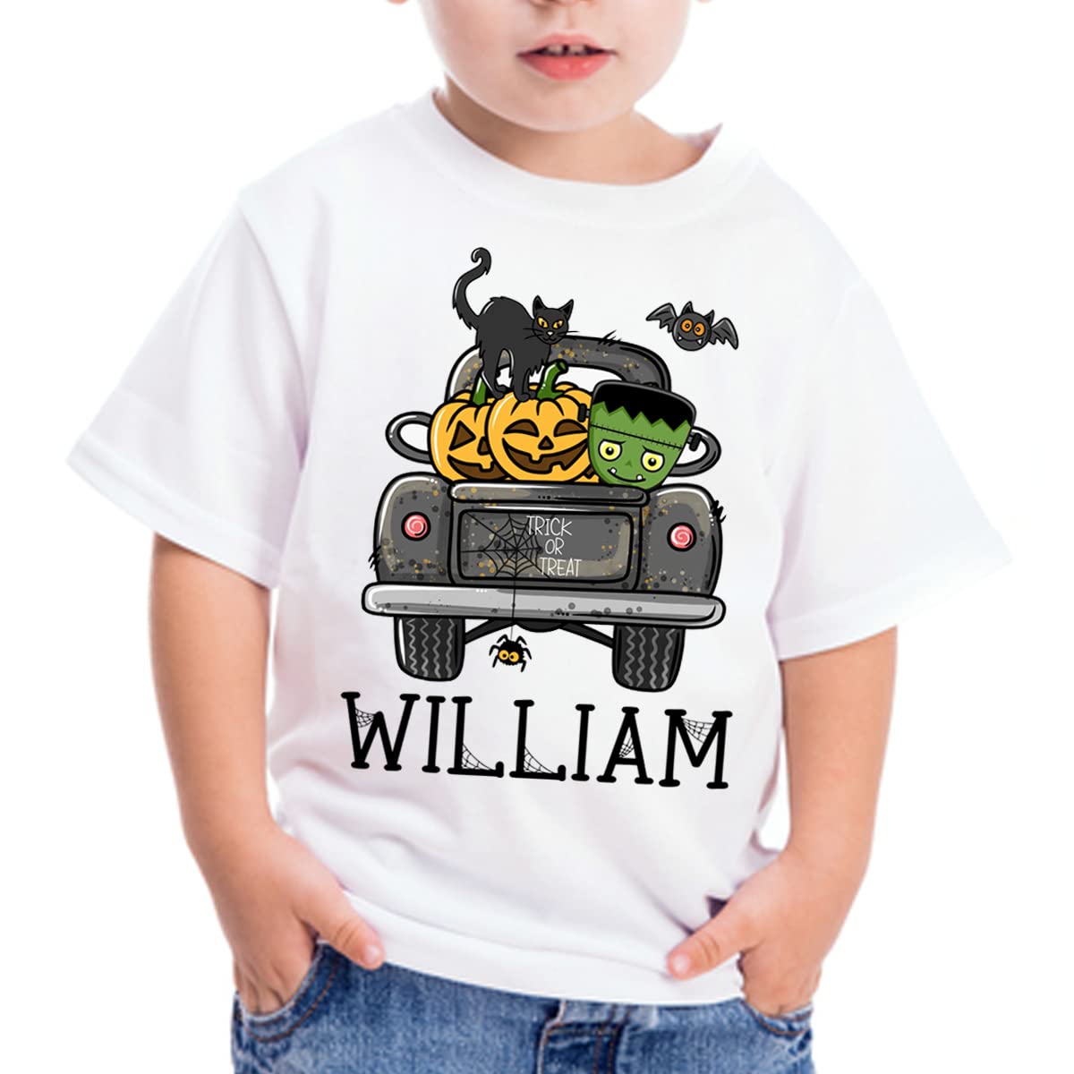 Kids Halloween Truck T-Shirt - Frankenstein Trick or Treat Shirt for Boys & Toddlers - Personalized Custom Name Halloween Tee - Perfect for Trick-or-Treating, Halloween Parties & School Events