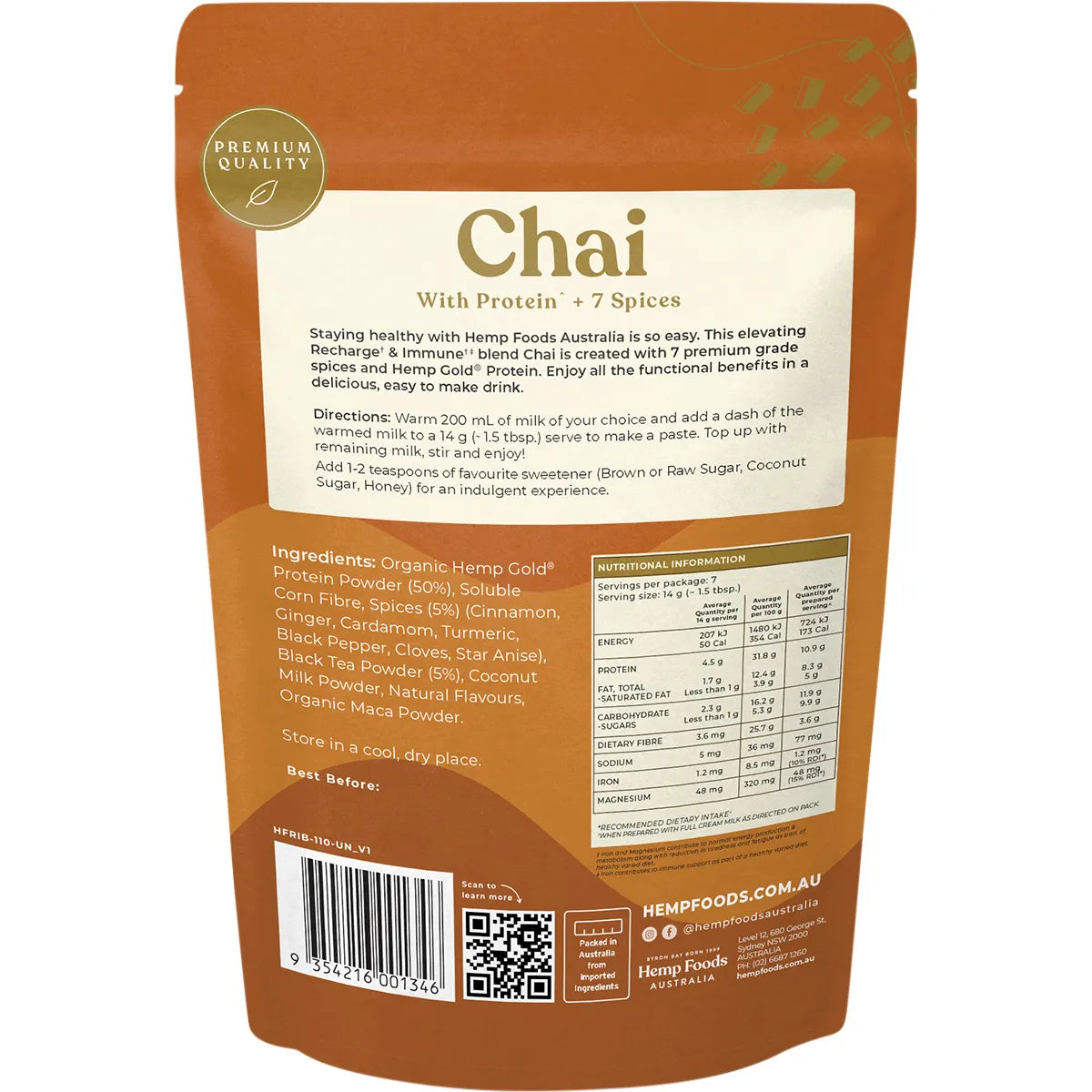 Hemp Foods Australia Chai With Protein - Recharge & Boost Immunity - 100g Organic Hemp Powder - Perfect for Smoothies, Baking & Healthy Snacks