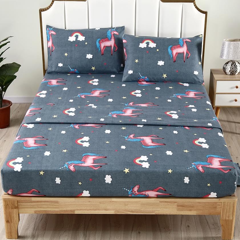 4PCS Gray Unicorn Bed Sheets Set Queen Size - Ultra Soft Microfiber Unicorn Themed Bedding for Kids, Girls & Boys - Perfect for Kids' Bedrooms, Sleepovers & Unicorn Lovers' Gift (Queen)