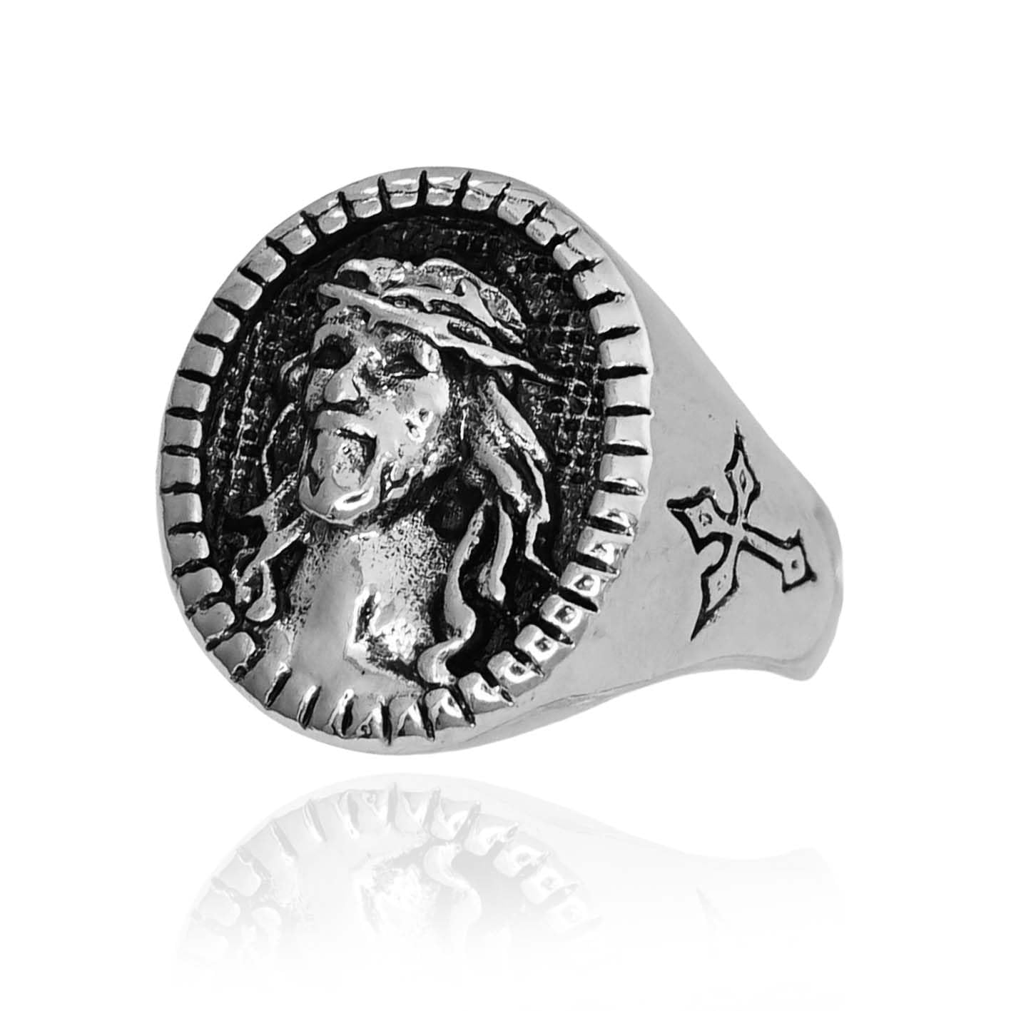PikaLF Vintage Jesus Signet Ring for Men - Catholic Christian Cross Ring, Religious Amulet Jewelry - Perfect for Baptism Gifts, Church Events & Faith-Based Fashion