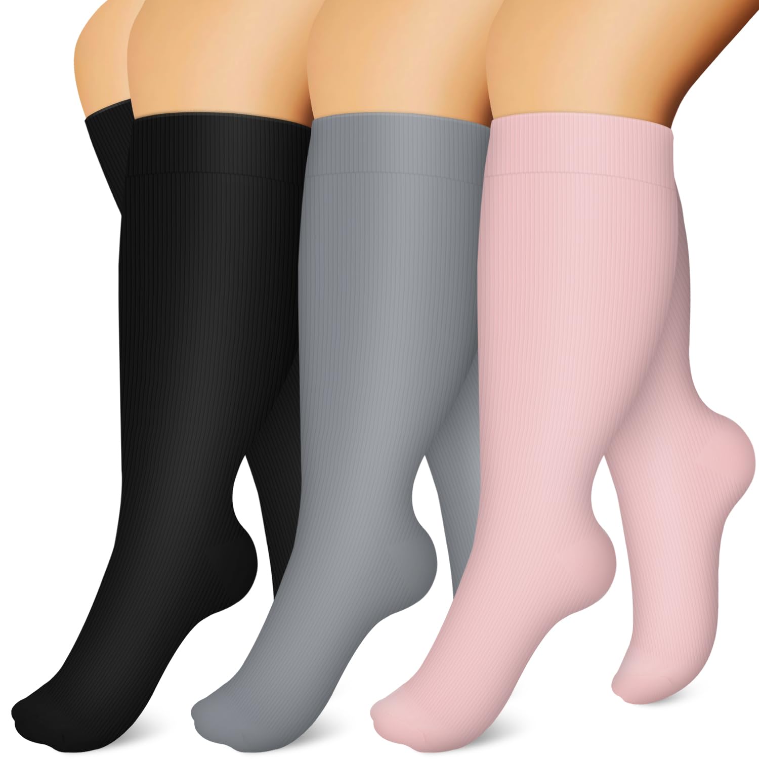 Hebe Plus Size Compression Socks for Women & Men - 3 Pairs Wide Calf Knee High Support Socks for Circulation & Swelling Relief - Perfect for Travel, Nursing & Varicose Veins