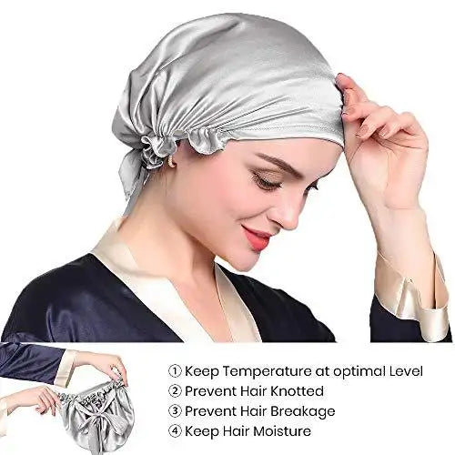 Luxury Silk Sleep Cap with Adjustable Ribbons for Women - Soft & Breathable Night Hair Cover for Sleeping, Travel & Spa