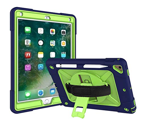 360° Rotating Handle Shockproof iPad Case with Kickstand & Pencil Holder - Compatible with iPad Air 2, iPad Pro 9.7 (2016), iPad 6th/5th Gen & New iPad 9.7 (2017/2018) | Navy Blue & Olive Green | Perfect for Work, Travel & School Use