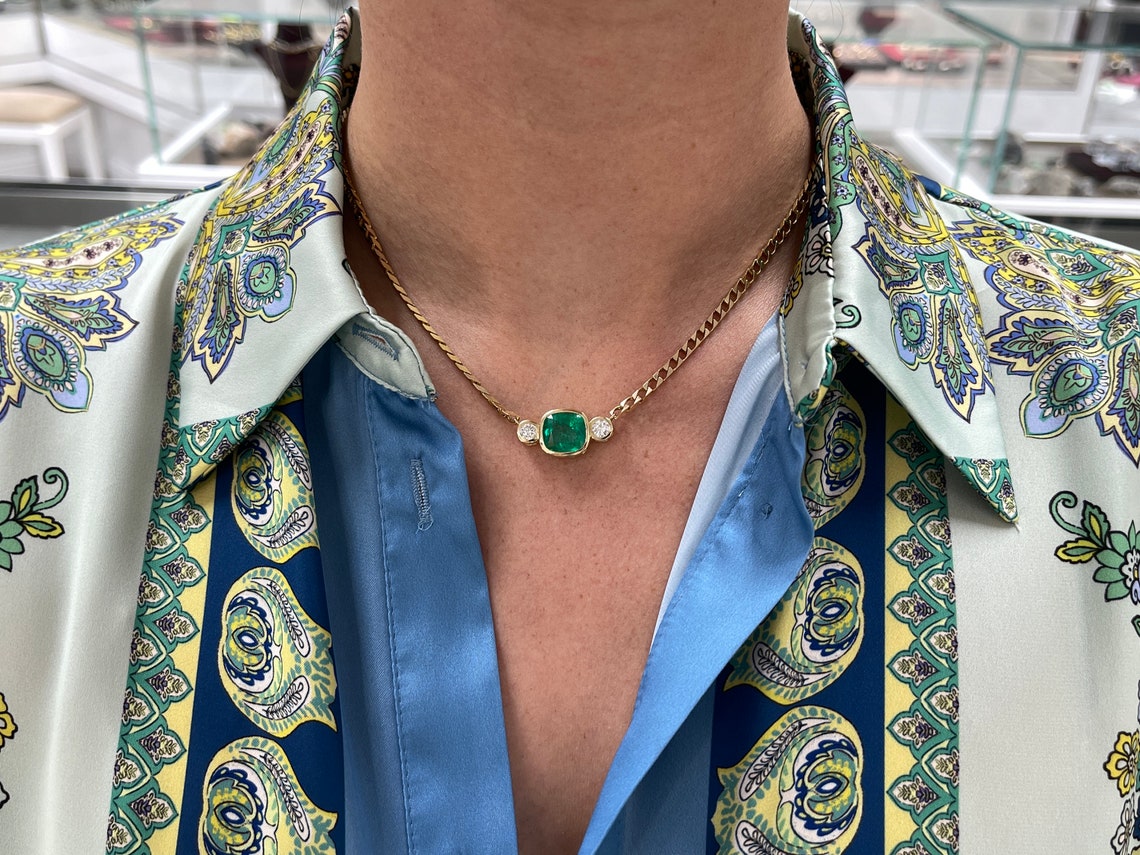5.24tcw Dark Green Colombian Emerald Cushion Cut & Diamond Three Stone Necklace in 14K Gold - Elegant Jewelry for Weddings, Anniversaries & Special Occasions