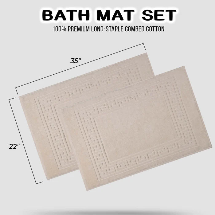Premium Cotton 2-Piece Greek Key Border Bath Mat Set - Ultra Absorbent, Non-Slip Bathroom Rug - Perfect for Modern Bathrooms, Master Suites & Spa-Like Retreats