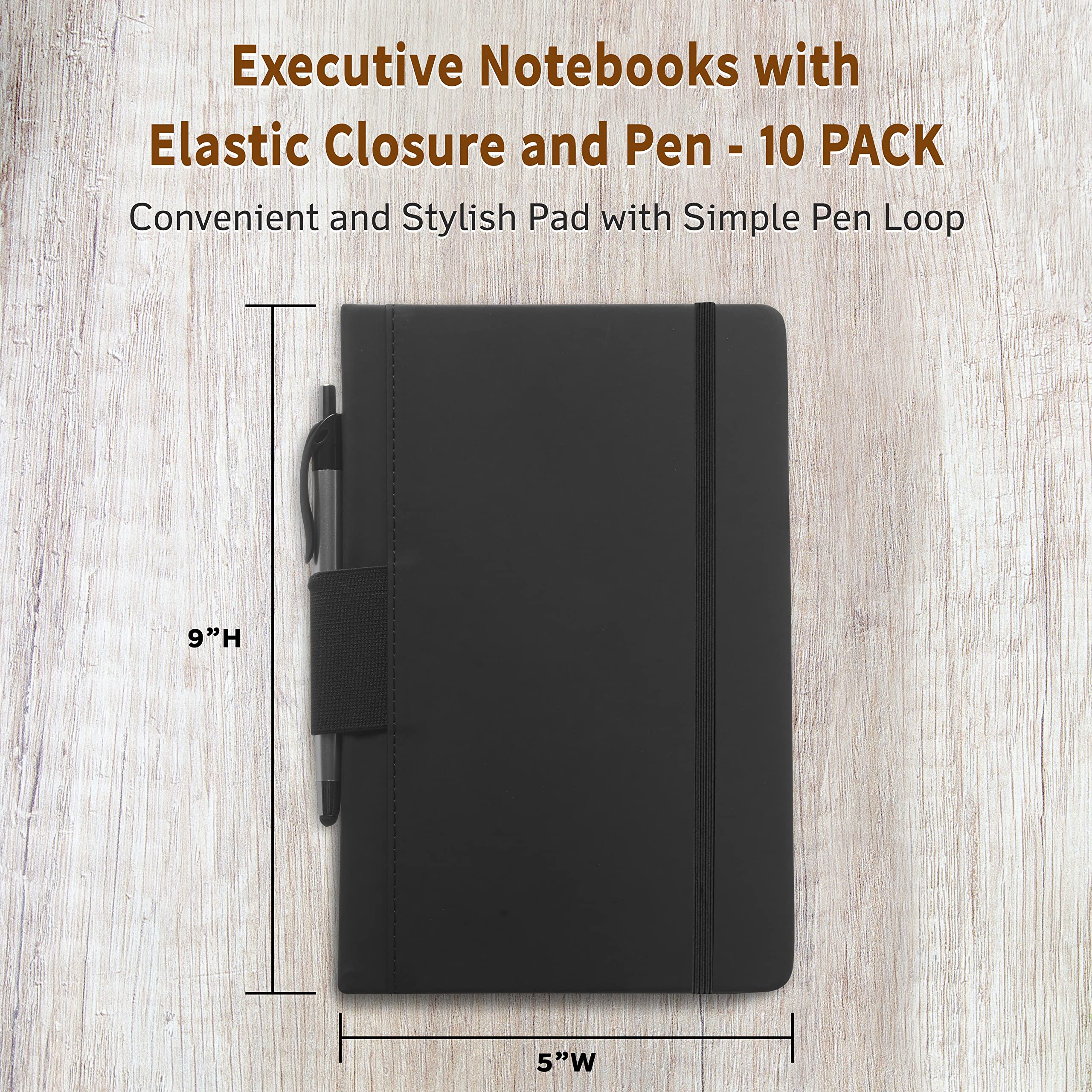 Premium 10-Pack Executive Notebooks with Pen - 6 x 8.5 Inches, Eco-Friendly Recycled Paper, Pen Loop & Closure Strap - Black - Perfect for Office, Business Meetings & Gift Giving