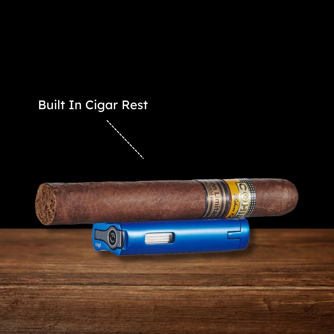 Visol Tiger Double Flame Cigar Lighter - Refillable Butane Torch Lighter with Adjustable Flame (Blue) - Perfect for Cigars, Cigarettes, BBQ, Camping & Outdoor Use
