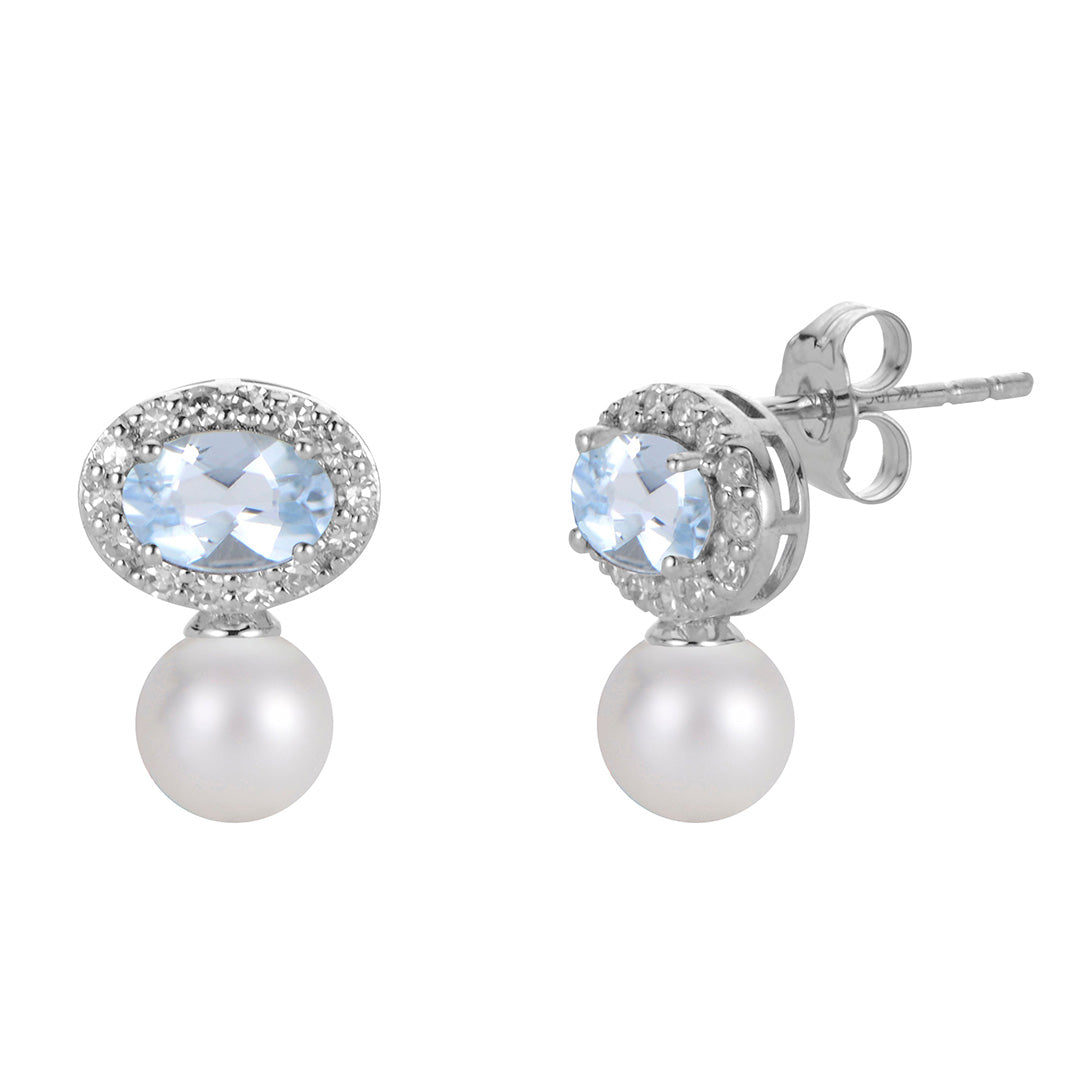 14K White Gold Freshwater Pearl, Aquamarine & Diamond Earrings for Women - Elegant Jewelry Gift for Wedding, Anniversary & Special Occasions