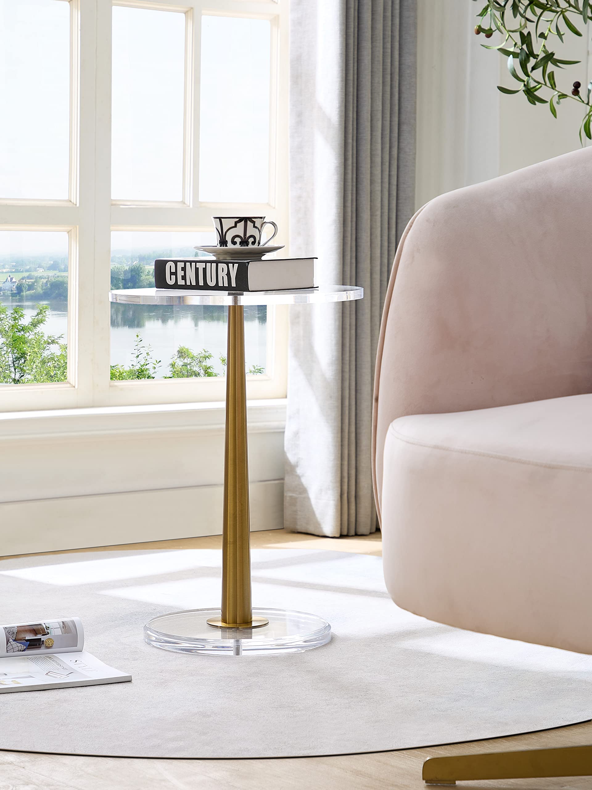 Small Clear Acrylic Table with Brushed Gold Cone Metal Pole - Modern Side Table for Living Room, Bedroom, or Office Decor