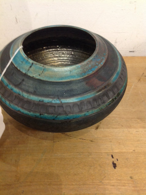 Handmade Signed Black & Aqua Pottery Vase - 7 Inch Ceramic Home Decor for Living Room, Dining Table, or Wedding Centerpiece