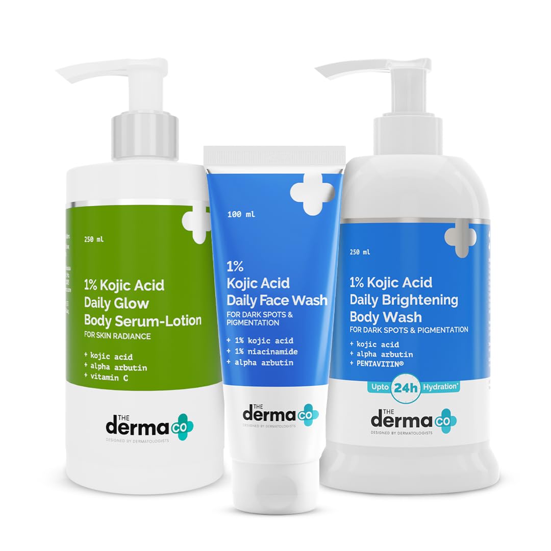 The Derma Co Hello Clear Skin Combo - 1% Kojic Acid Face Wash (100ml) + Brightening Body Wash (250ml) + Daily Glow Body Serum-Lotion (250ml) for Dark Spots, Pigmentation & Uneven Skin Tone | Dermatologist Recommended Skincare Set for Face & Body | Perfect for Daily Use, Acne-Prone & Sensitive Skin