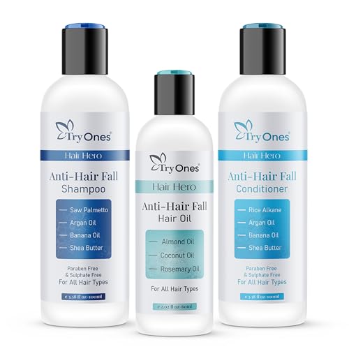 Tryones Anti-Hair Fall Instant Treatment Kit - Hair Oil, Shampoo & Conditioner Set with 25 Natural Ingredients for Stronger Hair | Reduce Breakage & Promote Growth for Men & Women | Perfect for Daily Hair Care & Damaged Hair Repair