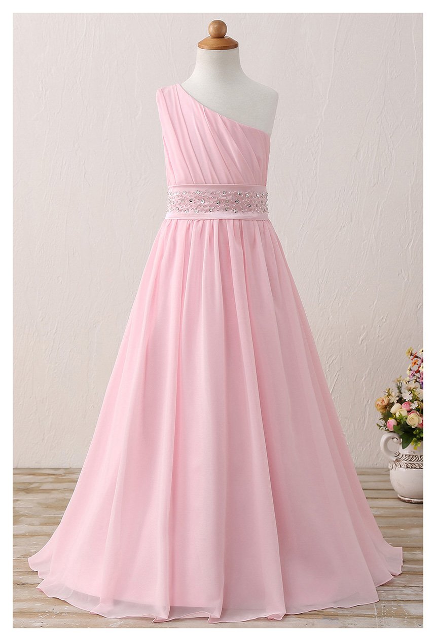 Sarahbridal Girls' Flower Party Wedding Gowns | Long One Shoulder Chiffon Princess Pageant Dresses for Kids | Perfect for Flower Girl, Wedding Ceremony, Pageant & Special Occasions