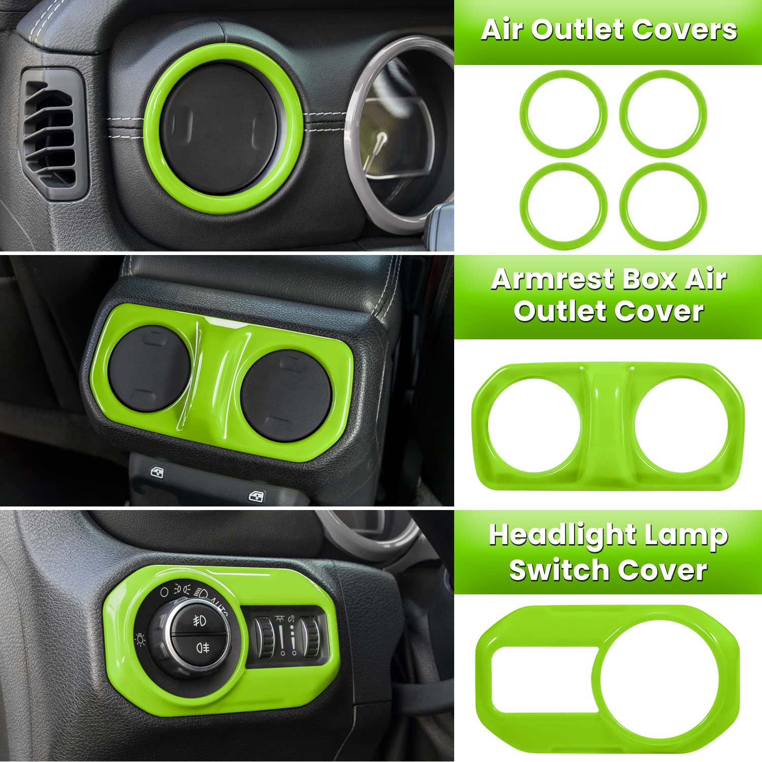 23PCS Full Interior Trim Kit for Jeep Wrangler JL JLU & Gladiator JT (2018-2023) - Steering Wheel, Door Handles, AC Vents, Cup Holders, Reading Light & Gear Cover in Green | Premium Car Accessories for Enhanced Style & Protection