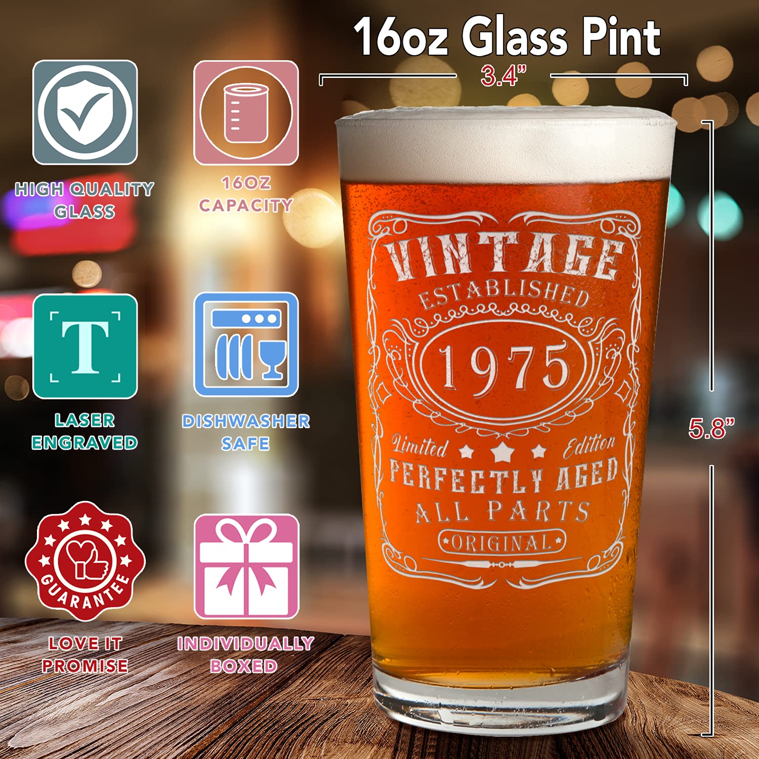 Cuptify Vintage Etched 16 oz Beer Pint Glasses - Perfect 50th Birthday Gift for Men, Established 1975 - Ideal for Beer Lovers, Home Bars & Anniversary Celebrations