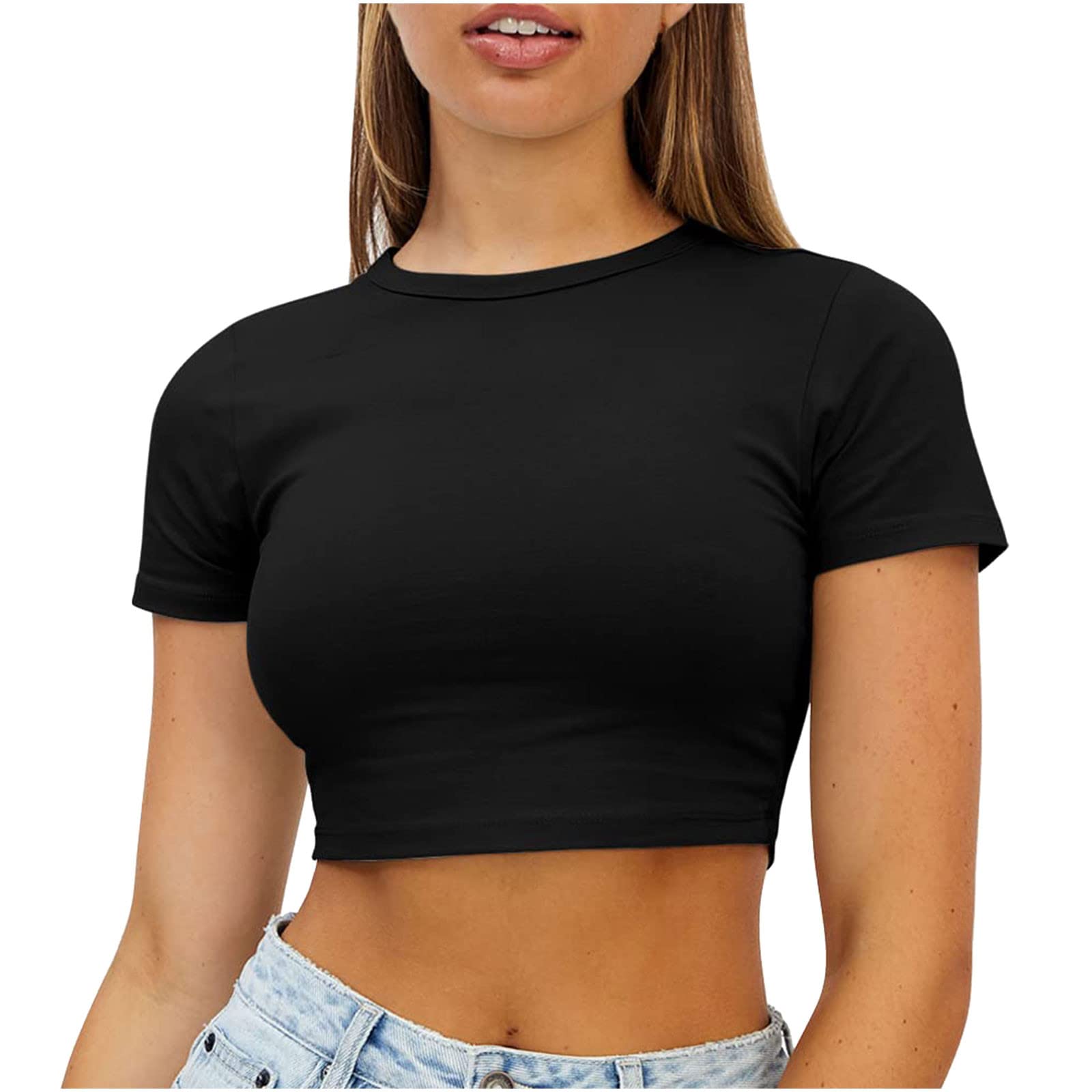 Trendy Women's Crop T-Shirts - Cute Basic Tight Round Neck Short Sleeve Summer Blouse | Perfect for Casual Wear, Beach Outfits & Summer Fashion