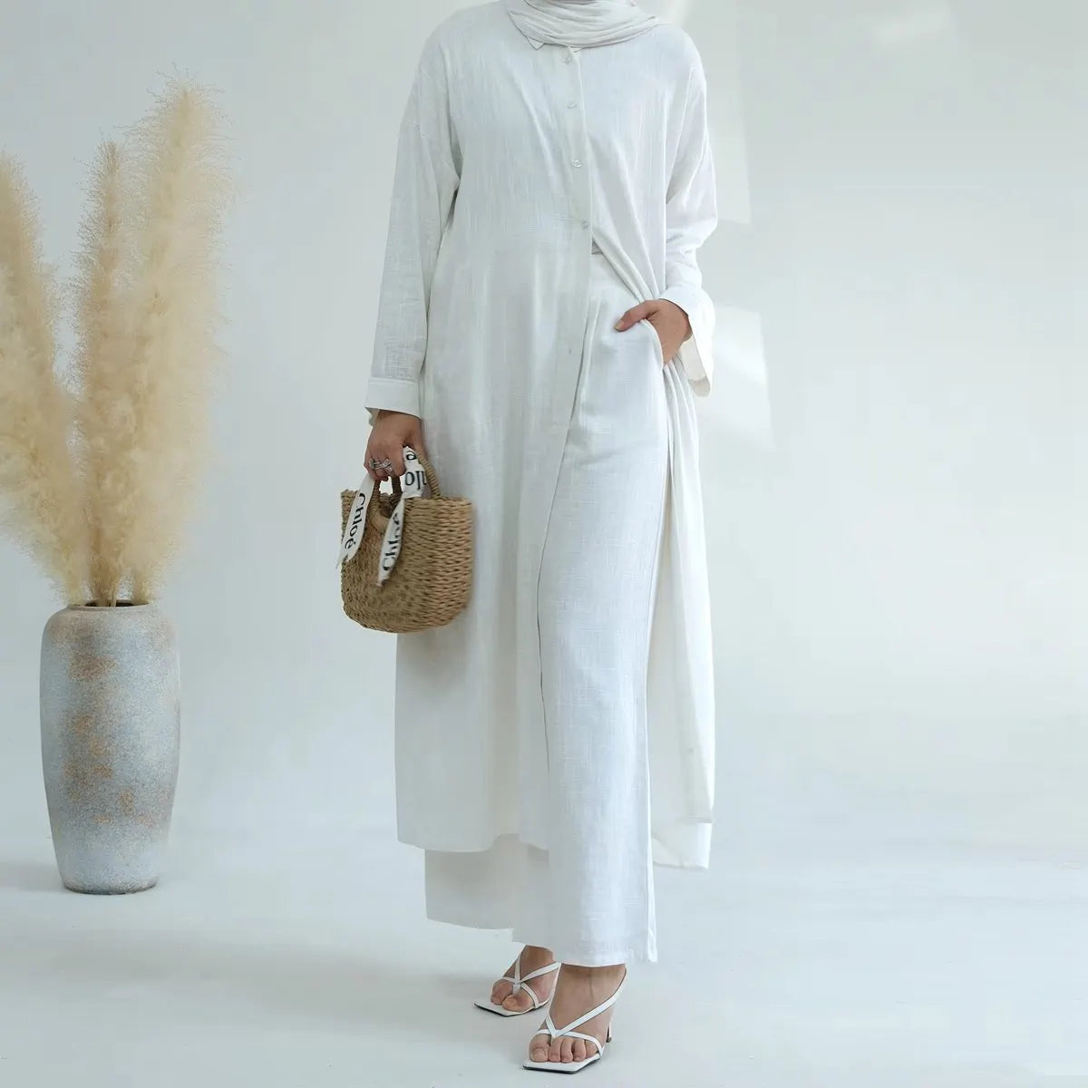 2-Piece Linen Cotton Blend Robe and Pants Set for Women - Comfortable Arab Style Lounge Wear - Perfect for Daily Use, Home Relaxation & Prayer Outfits