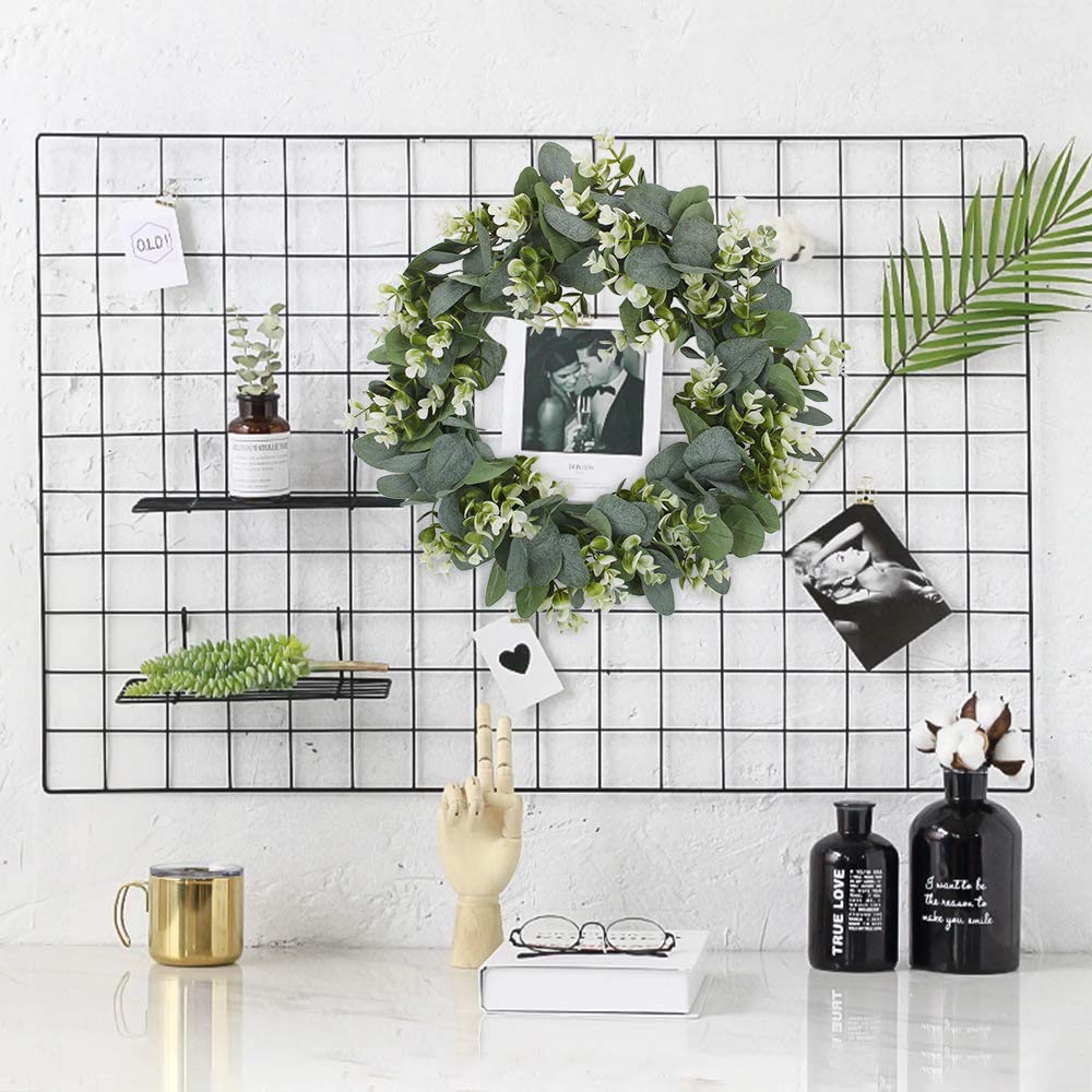 Artificial Eucalyptus Green Leaf Wreath with White Flowers - Spring Summer Door Wall Window Decor for Home, Party, Housewarming & Mother's Day - Perfect for Front Porch, Living Room & Wedding Decorations