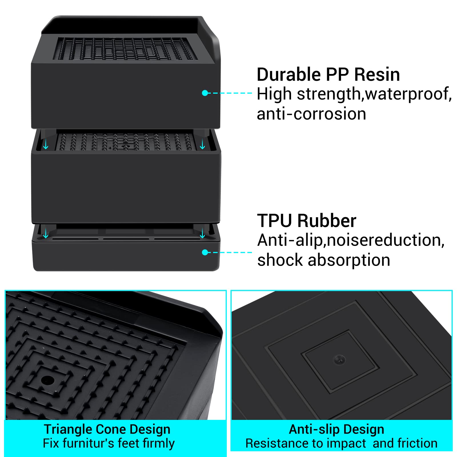 8 Pack Heavy Duty Adjustable Plastic Bed Risers - 2 or 4 Inch Furniture Risers with Non-Slip Mats for Bed, Desk, Sofa - Perfect for Dorm Rooms, Home Office & Small Space Furniture Elevation