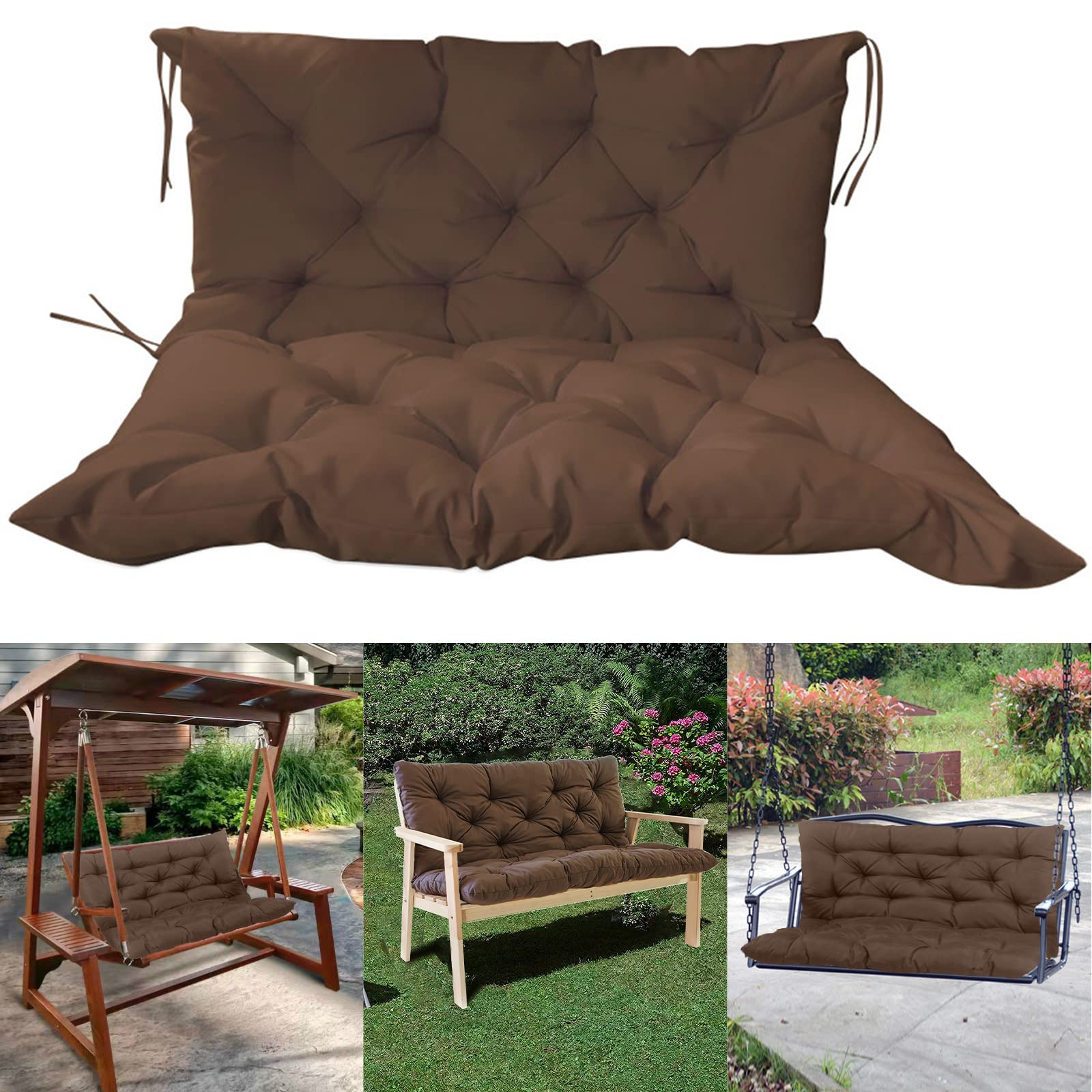 Outdoor Swing Replacement Cushions - 3 Seater Waterproof Bench Cushions with Backrest & Ties, Non-Slip Overstuffed Patio Furniture Cushions (59.05x39.37 Inches, Brown) - Perfect for Porch, Garden, Deck & Outdoor Lounging
