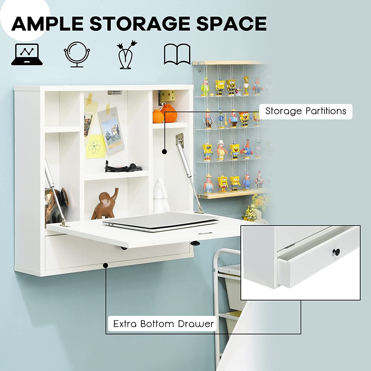 CHEFJOY 2-in-1 Floating Wall Mounted Desk with Foldable Tabletop & Storage Compartments - Space Saving Fold Down Laptop Desk for Home Office, Bedroom & Small Spaces (White) - Perfect for Remote Work, Study Nook & Compact Living Areas