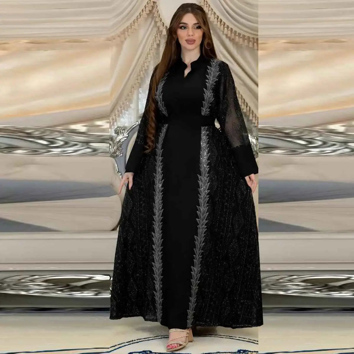Elegant Eid Dress for Women - Embroidered Sequins Muslim Jalabiya Caftan Kaftan Dress | Perfect for Eid Celebrations, Weddings & Special Occasions