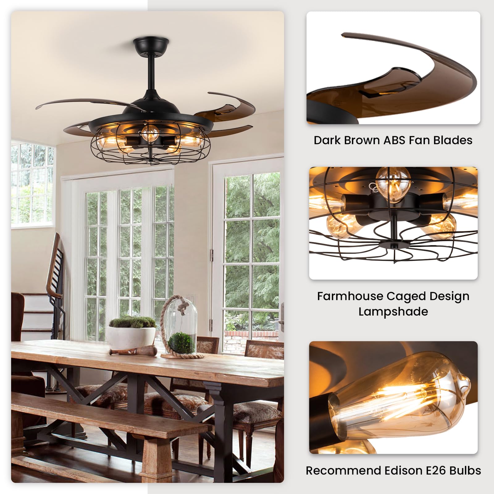 Siljoy 48 Inch Retractable Black Industrial Caged Ceiling Fan with Remote & 5 Lights - Farmhouse Chandelier Style for Living Room, Bedroom, Patio - Perfect for Home Cooling & Decorative Lighting
