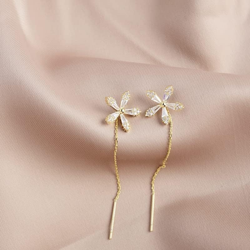 Sparkling Diamond Flower Earrings for Women - Elegant Crystal Tassel Drop Dangle Earrings with Geometric Zircon Design | Perfect for Parties, Weddings & Date Nights (Gold)