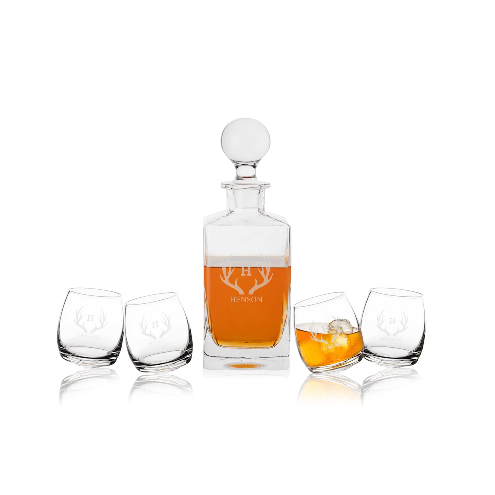 Personalized Whiskey Decanter Set for Men with 4 Custom Bourbon Glasses - Engraved American Laser Crafts Tilting Wobbly Whiskey Glasses - Perfect for Gifts, Home Bar & Whiskey Tasting Parties