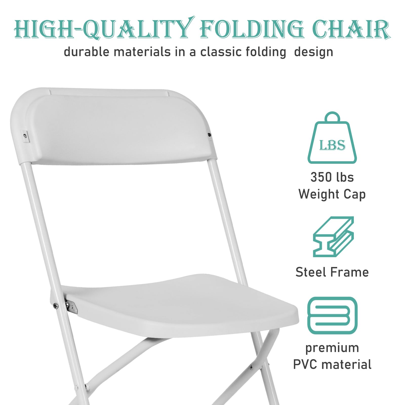 10 Pack White Plastic Folding Chairs - Heavy Duty 350lbs Capacity, Steel Frame Portable Party Chairs for Indoor Outdoor Use - Perfect for Weddings, Events, Office, Home & Commercial Spaces
