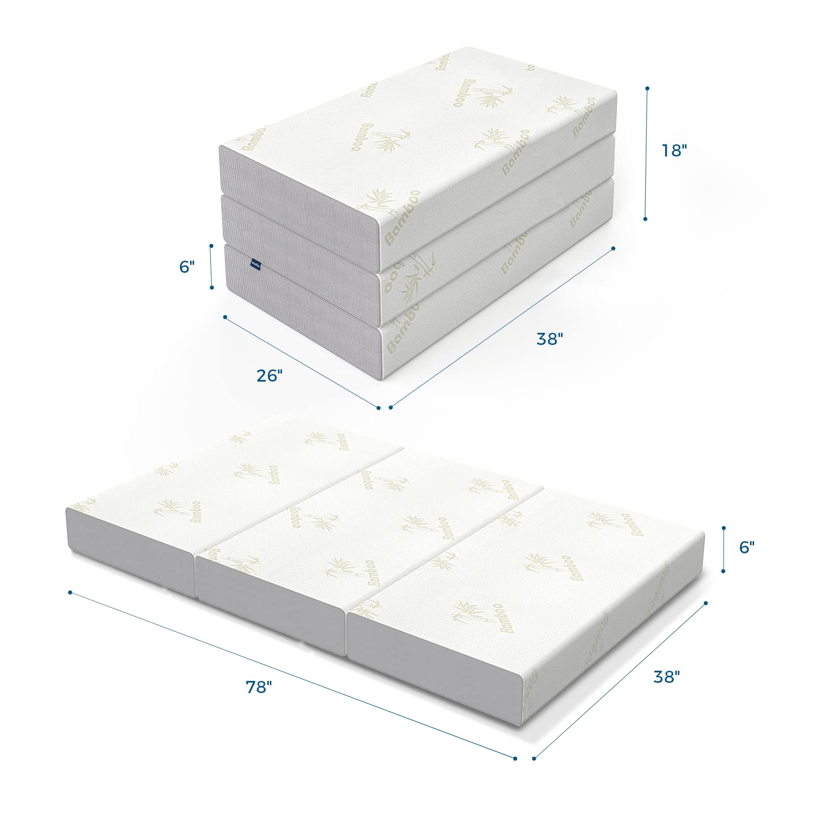 Inofia 6 Inch Twin Size Memory Foam Folding Mattress - Ultra Soft Removable Cover, Non-Slip Bottom & Breathable Mesh Sides, Portable Trifold Design (78