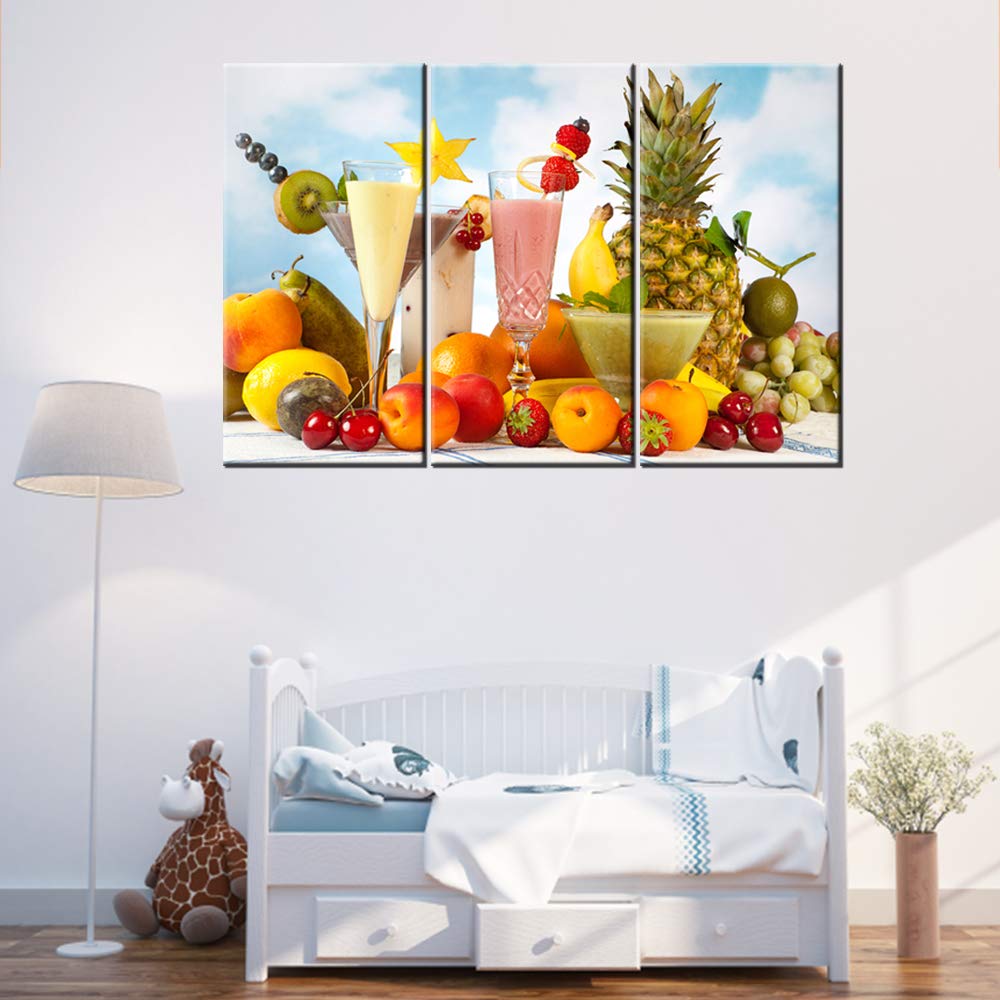 Vibrant Canvas Wall Art - Summer Fruits Painting, Fresh Food & Dessert Print, Modern Home Decor for Living Room, Blue Skyline Design, Wooden Framed Ready to Hang 3-Panel Set (42Wx28H inches) - Perfect for Kitchen, Dining Room or Bedroom Decoration