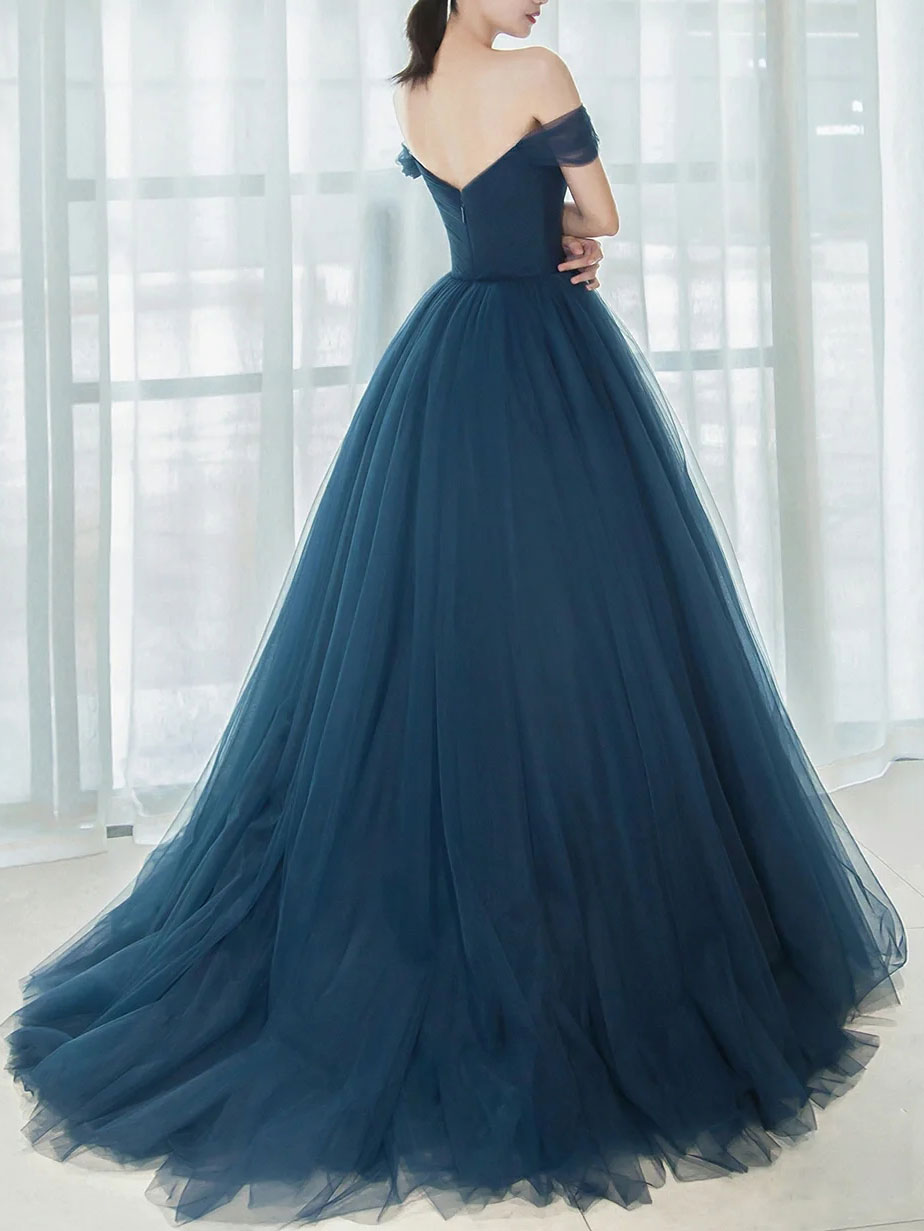 Elegant Long Blue Prom Dresses with V-Neck & Tulle Skirt - Formal Evening Gowns for Bridesmaids, Homecoming, and Special Occasions