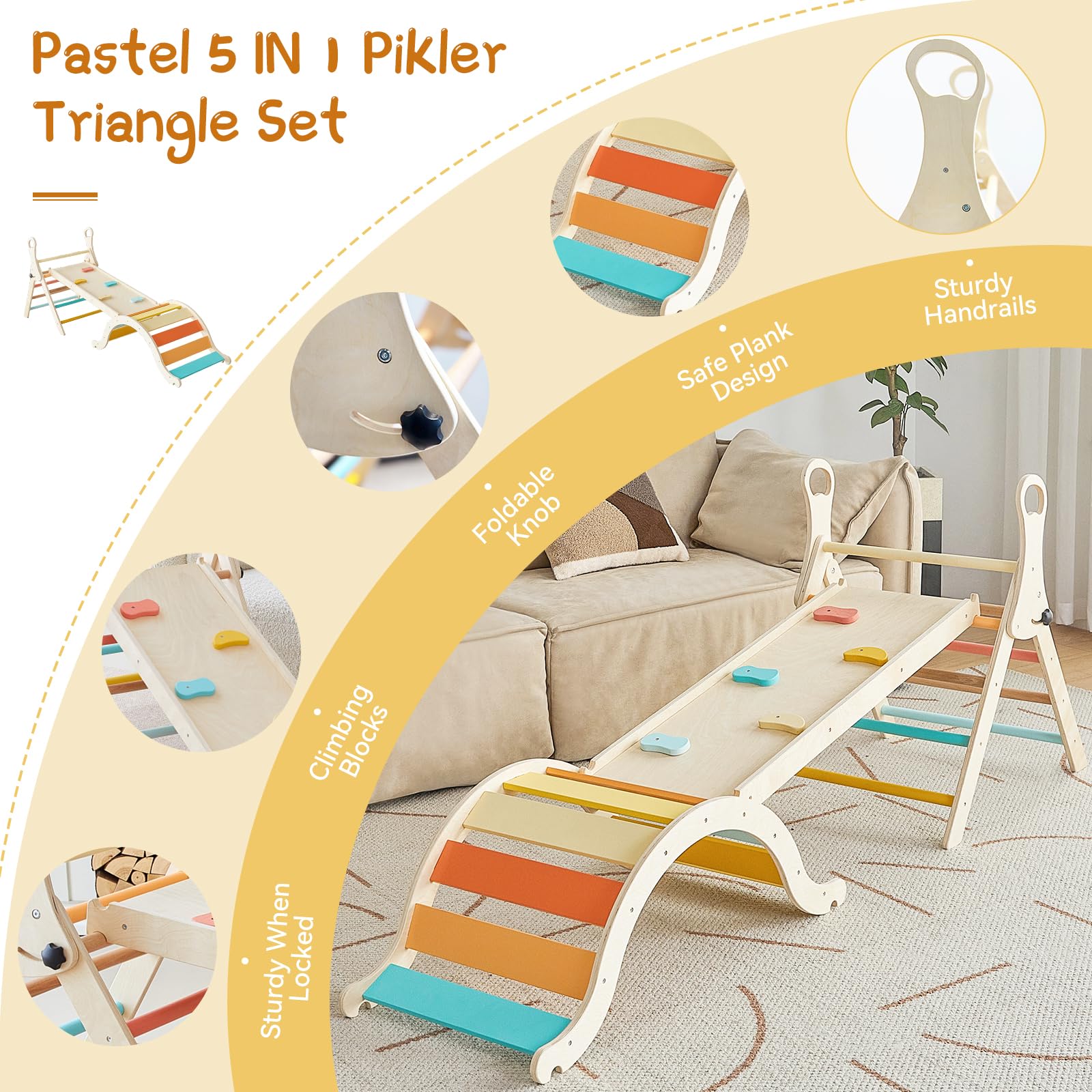 Pastel 7-in-1 Montessori Climbing Set - Giant Wooden Pikler Triangle with Slide Ramp, Arch & Handle | Foldable Indoor Playground for Toddlers 1-3 Years | Perfect for Home Playrooms, Daycare Centers & Montessori Learning Spaces