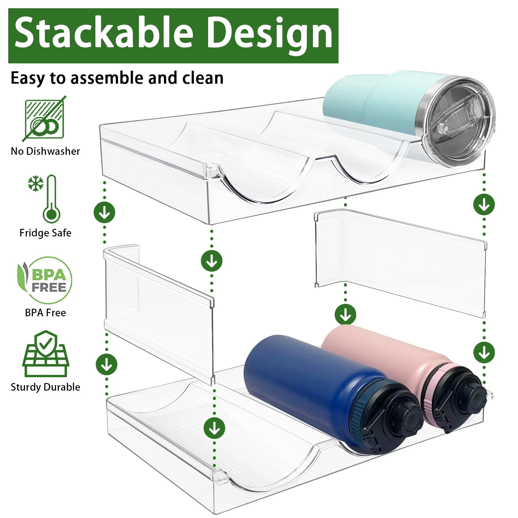 2 Pack Stackable Plastic Water Bottle Organizer - Space Saving Kitchen Pantry Storage Shelf for Cabinet & Fridge Organization - Perfect for Soda, Juice & Sports Drink Bottles in Home, Office or Dorm