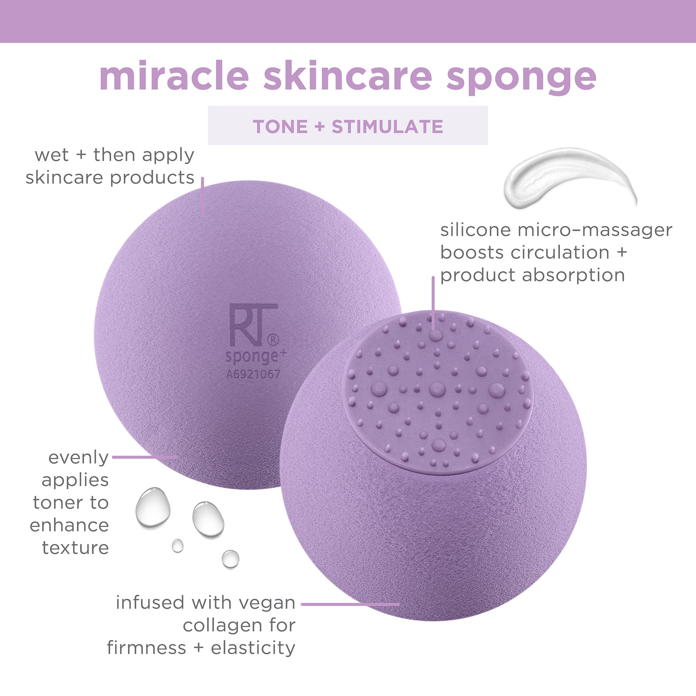 Real Techniques Miracle Skincare Sponge - Vegan Collagen Infused Beauty Blender for Face Makeup & Skincare, Reusable Makeup Sponge for Liquid Foundation, Serums & Moisturizers - Cruelty Free & Vegan (Purple, 1 Count) | Perfect for Daily Makeup Application & Flawless Blending