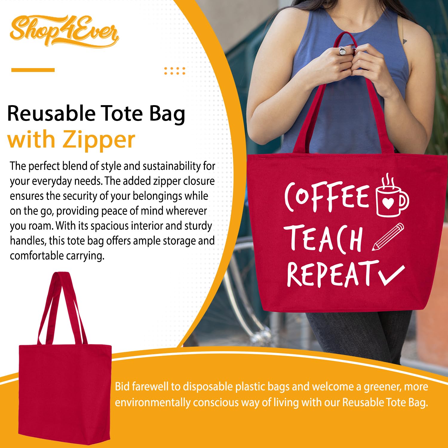 Shop4Ever Coffee Teach Repeat Teacher Appreciation Gift - Heavy Duty Zippered Canvas Tote Bag, Reusable Grocery Shopping Bag for Educators - Perfect for School, Work, and Everyday Use