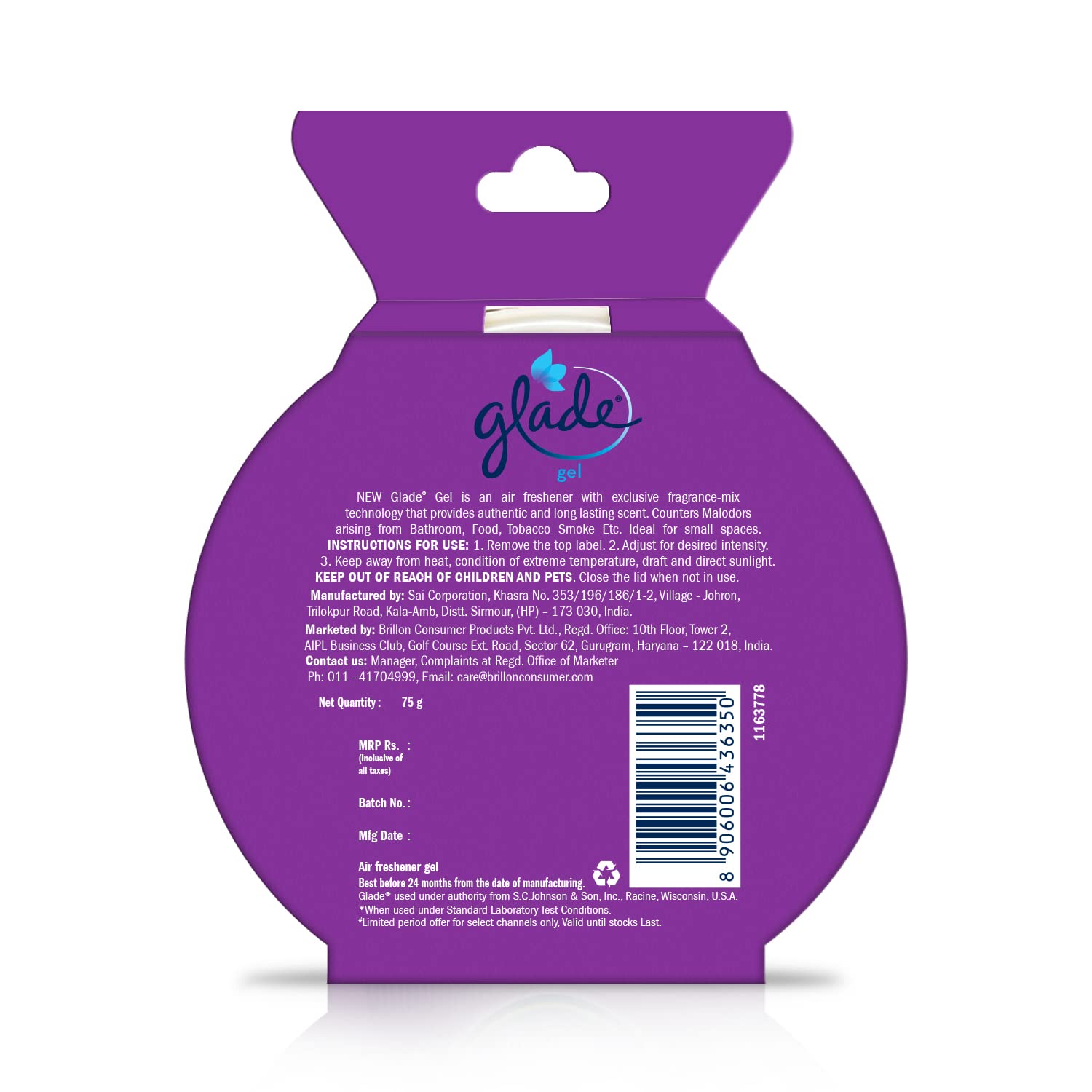 Glade Wild Lavender Gel Air Freshener - 75g (2.65oz) | Long-Lasting Fragrance for Home, Office, Bathroom & Car | Eliminates Odors Naturally