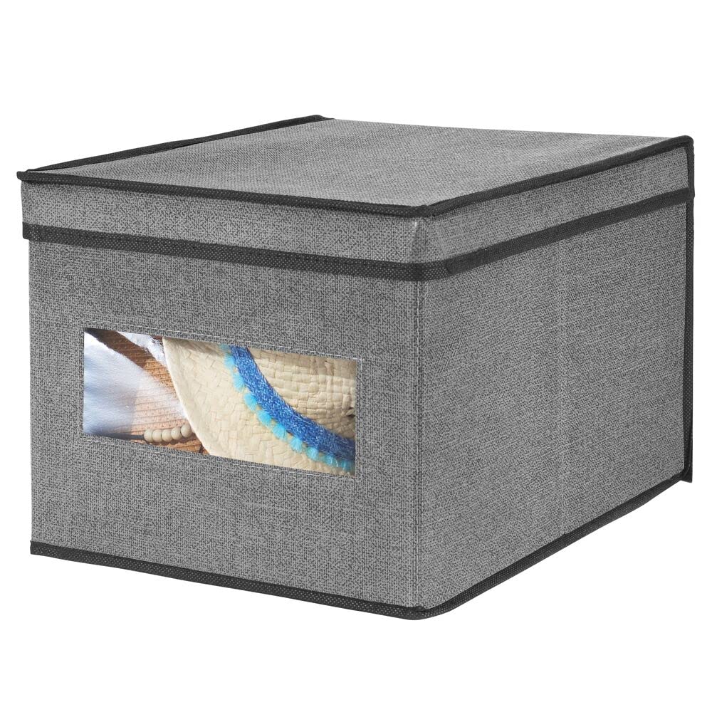 mDesign Large Fabric Stackable Closet Organizer Box with Clear Window Lid - Storage for Shoes, Sweaters & Clothes | Perfect for Bedroom, Office, Bathroom & Mudroom Organization | Lido Collection in Dark Gray/Black | Ideal for Seasonal Storage & Space Saving