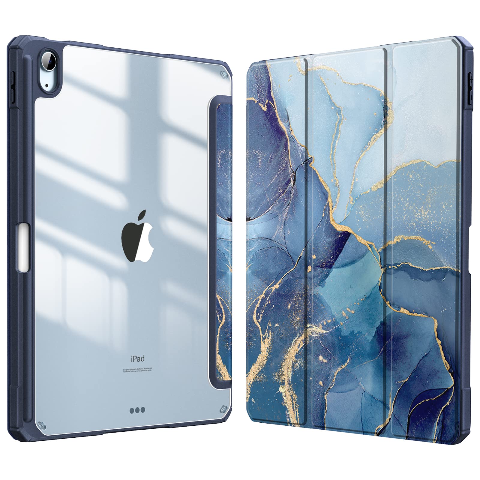 Fintie Hybrid Slim Protective Case for iPad Air 5th/4th Gen (2022/2020) 10.9 Inch - Shockproof Clear Transparent Back Cover with Built-in Apple Pencil Holder | Ocean Marble Design | Perfect for Work, School & Travel